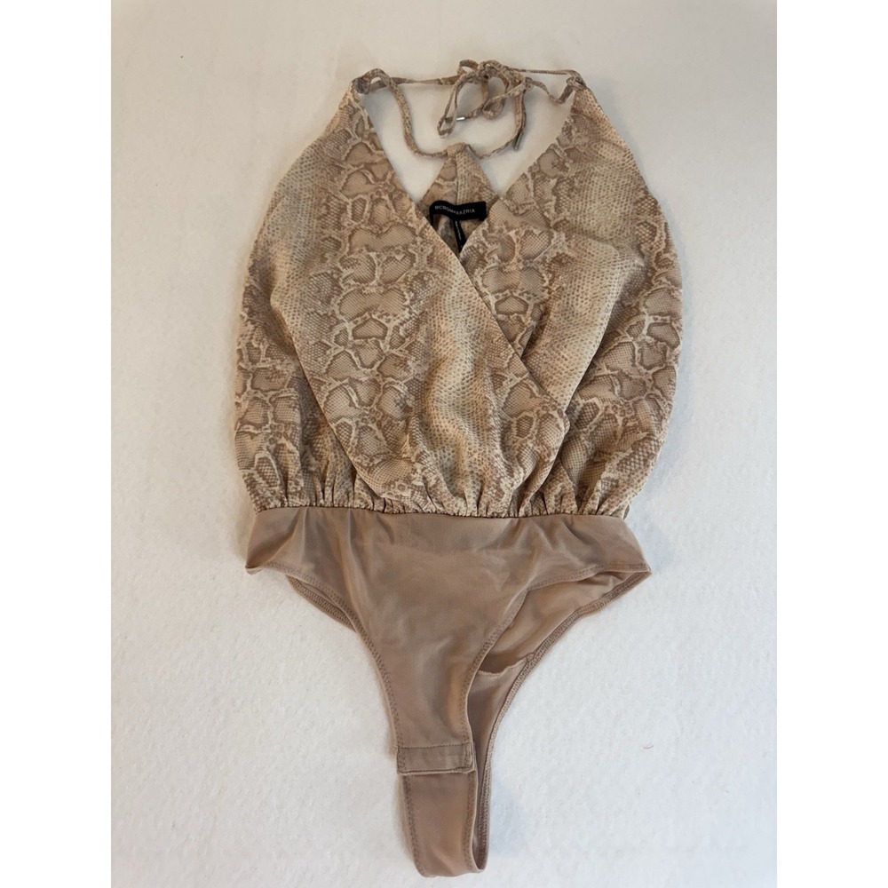 BCBGMAXAZRIA Snakeskin Print Halter Bodysuit XS Neutral Snake Skin V-Neck Top